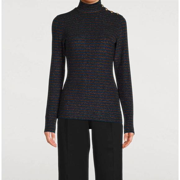 NEW SMYTHE buttoned turtleneck sweater in blue/bronze metallic stripe - Picture 1 of 4